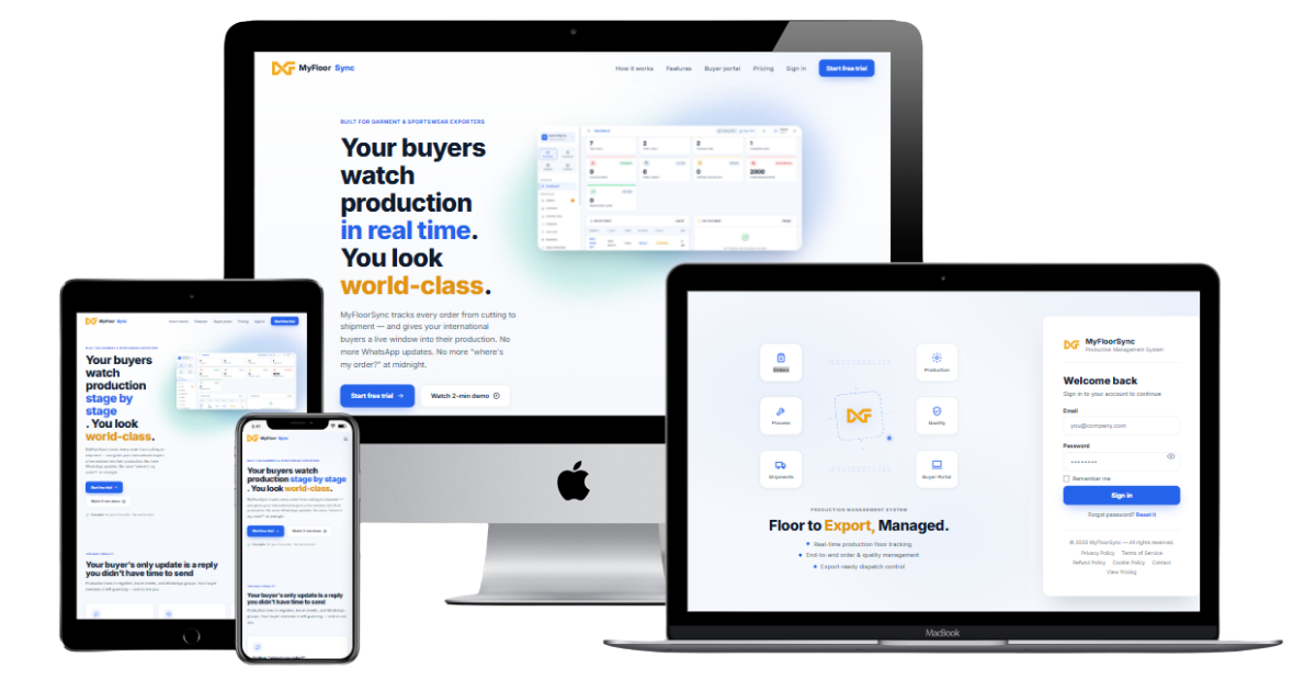 MyFloorSync running on desktop, tablet and mobile — the same live production data on every screen