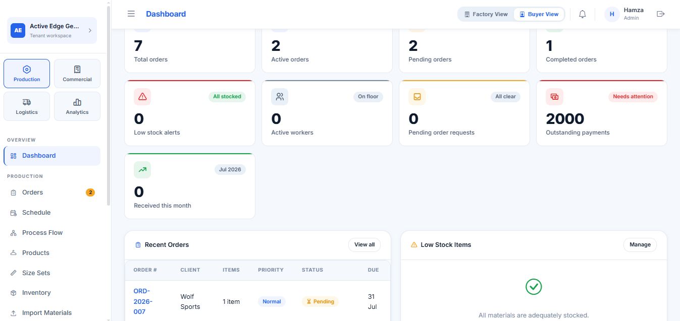 MyFloorSync dashboard — active orders, production stages and progress at a glance