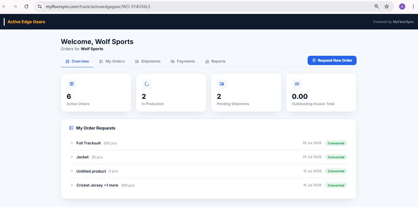 Buyer tracking page at myfloorsync.com/track — live production timeline and shipment status