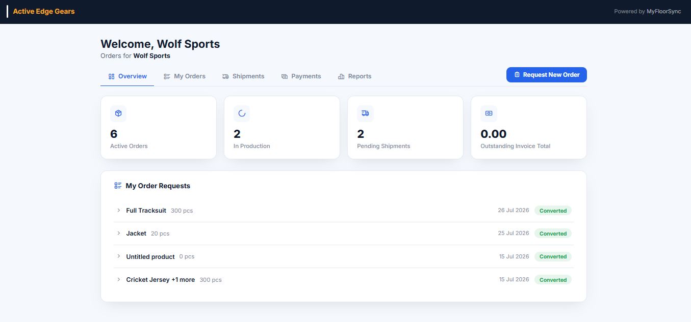 MyFloorSync buyer portal dashboard with active orders, shipments and order requests