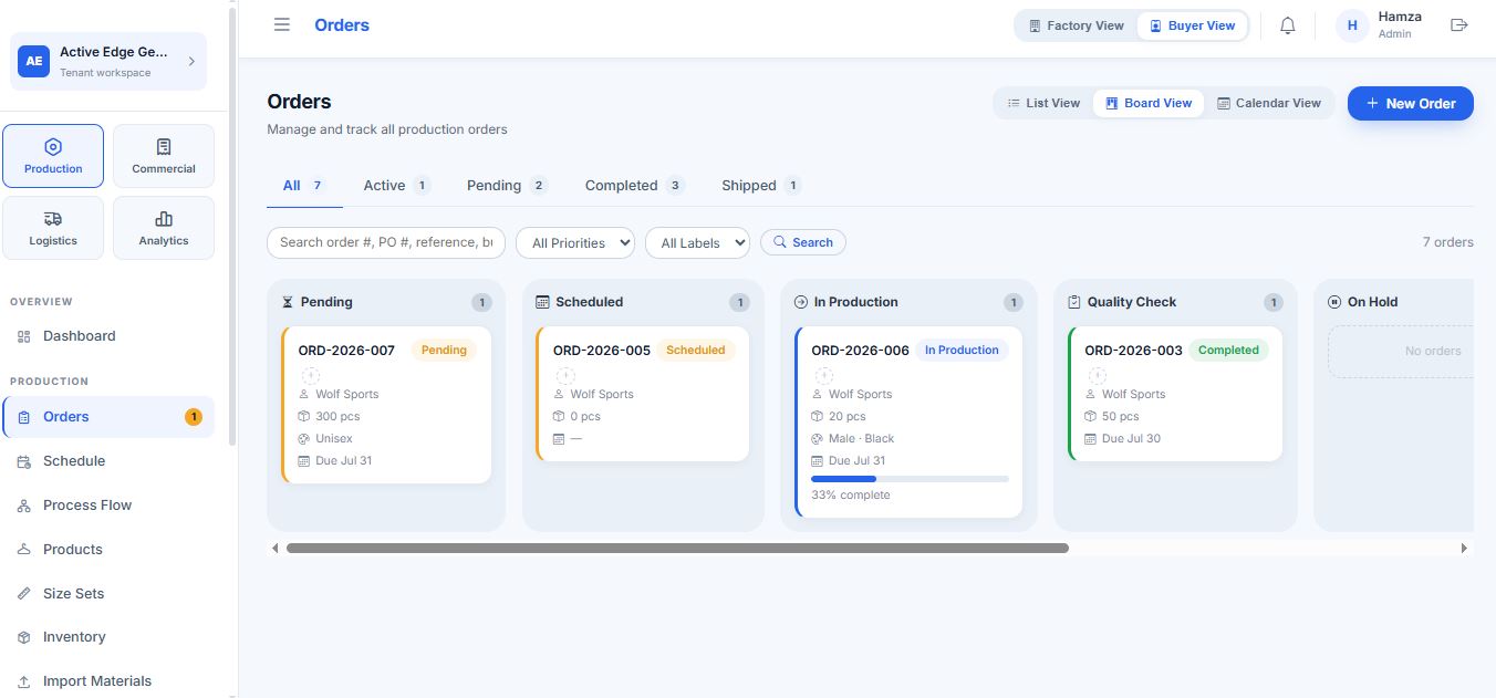 MyFloorSync production Kanban board with Pending, Scheduled, In Production, Quality Check and On Hold columns