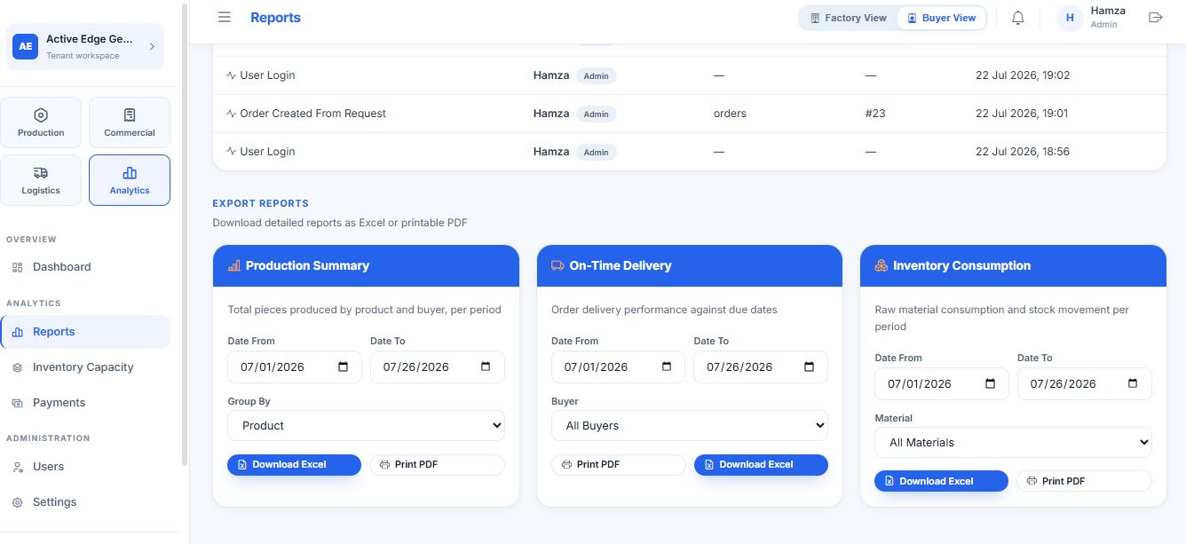 MyFloorSync reports view with production summary, on-time delivery and inventory consumption exports