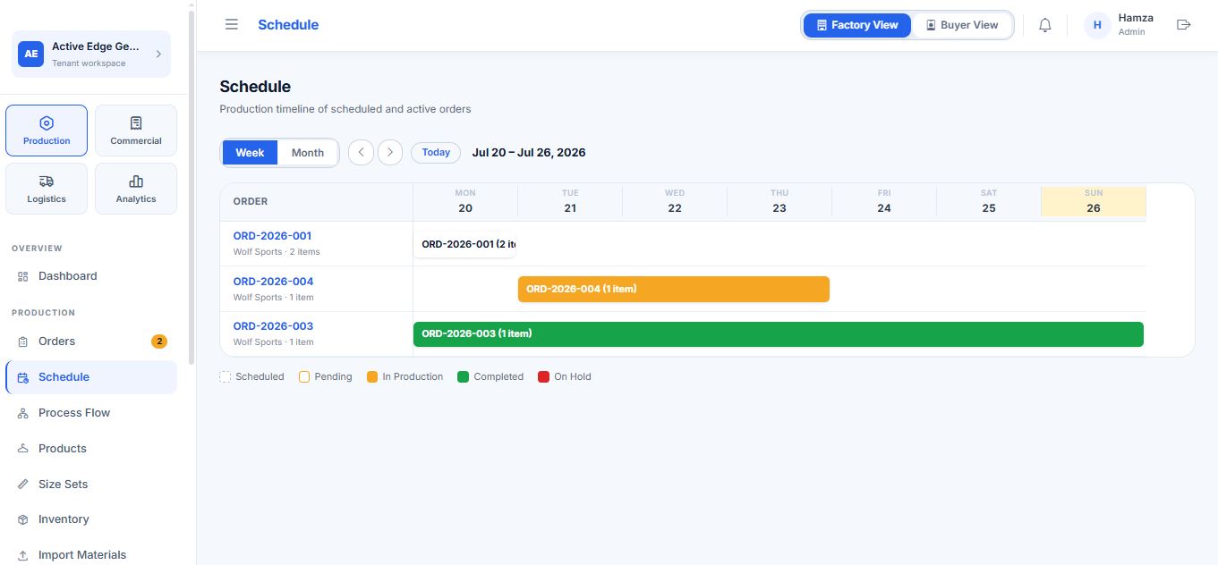 MyFloorSync weekly production schedule with color-coded order status bars
