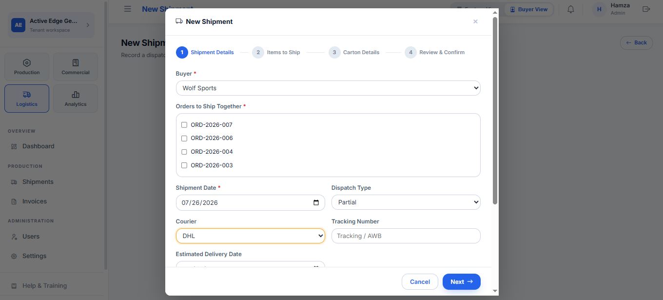 MyFloorSync new shipment wizard combining multiple orders with courier and tracking details